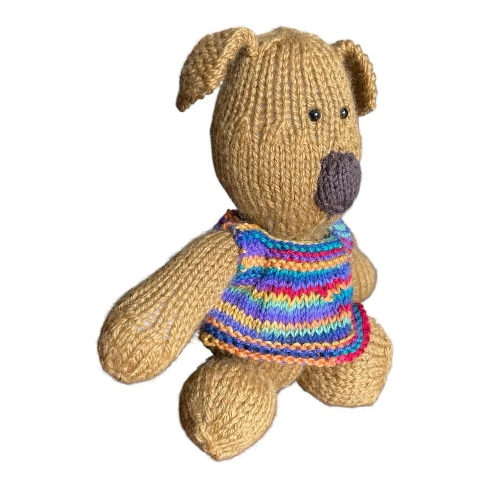 Handmade Puppy with Vest Stuffed Animal Soft Knitted Golden Brown Dog Wool Toy